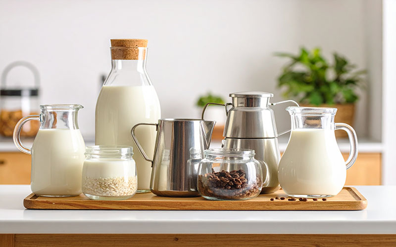 A lineup of various milk alternatives in glasses, next to a steaming latte.