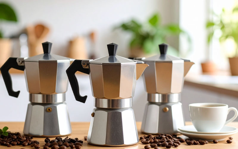 A classic aluminum Moka pot on a stovetop, with dark, rich coffee brewing out of the top spout.