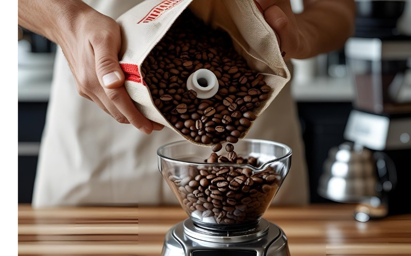 A coffee bag with a 'roasted on' date clearly visible, next to a pile of fresh coffee beans.