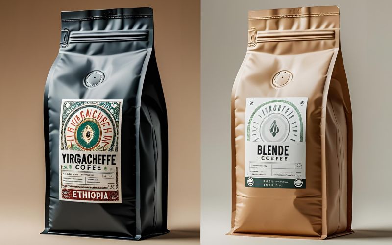 A split image showing a map of Ethiopia on one side, representing single-origin, and a mix of different coffee beans on the other, representing a blend.