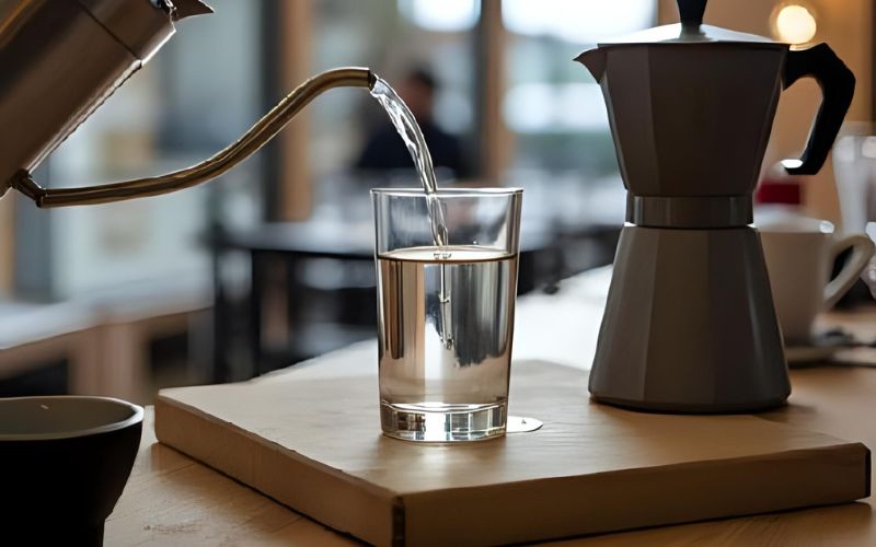 A pristine glass of clear water next to a freshly brewed cup of coffee, with chemical symbols for minerals like magnesium and calcium lightly overlaid.