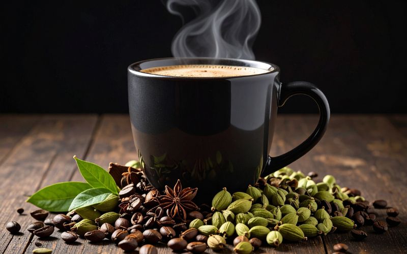 A steaming mug of coffee with a cardamom pod and a few cloves resting beside it.