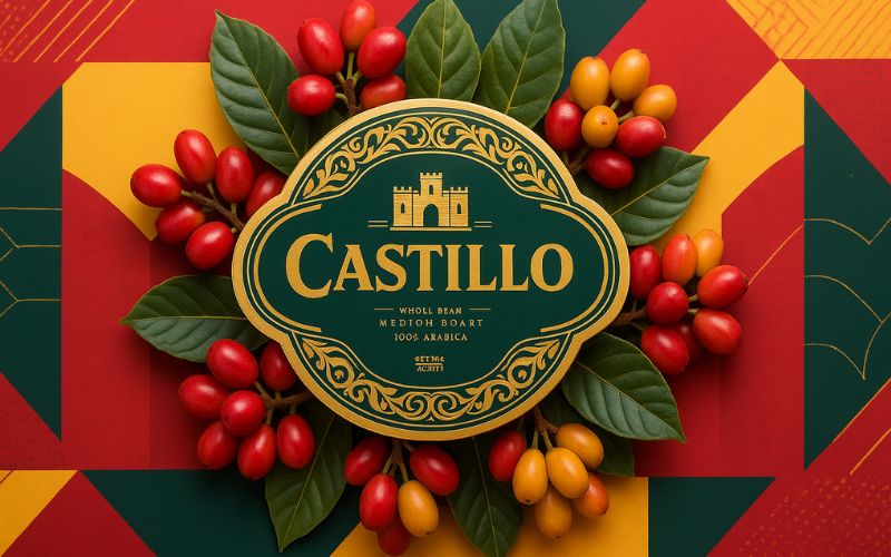 A modern Colombian coffee farm with neat rows of healthy, productive Castillo plants.