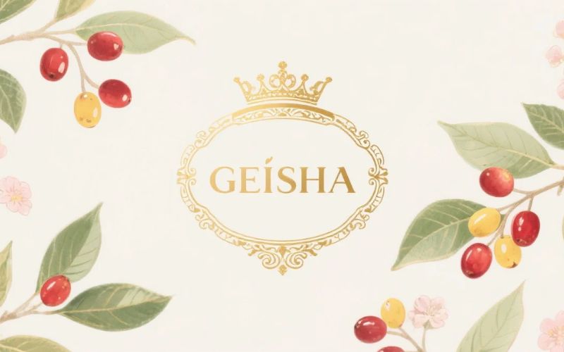 The uniquely elongated cherries of the Geisha coffee variety hanging from a branch.