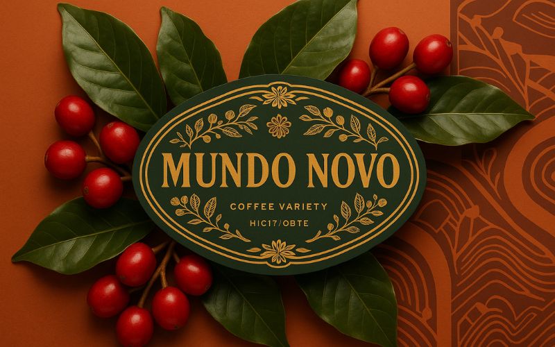 A tall, robust Mundo Novo coffee tree, laden with healthy green and red coffee cherries.