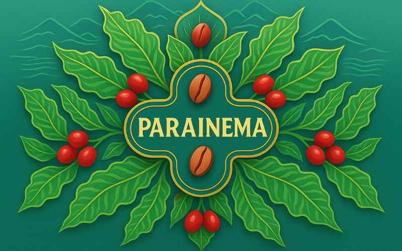 A proud coffee farmer showcasing a branch of ripe Parainema coffee cherries.