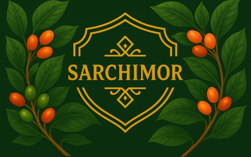 A healthy Sarchimor coffee plant, showing its compact size and vibrant cherry clusters.