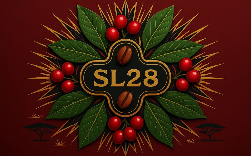 A close-up of SL28 coffee cherries, showing their distinctive size and color.