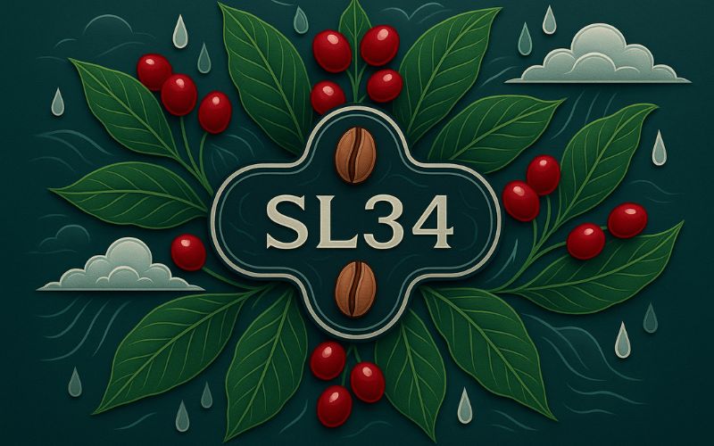 A tall SL34 coffee plant with its characteristic broad, bronze-tipped leaves.