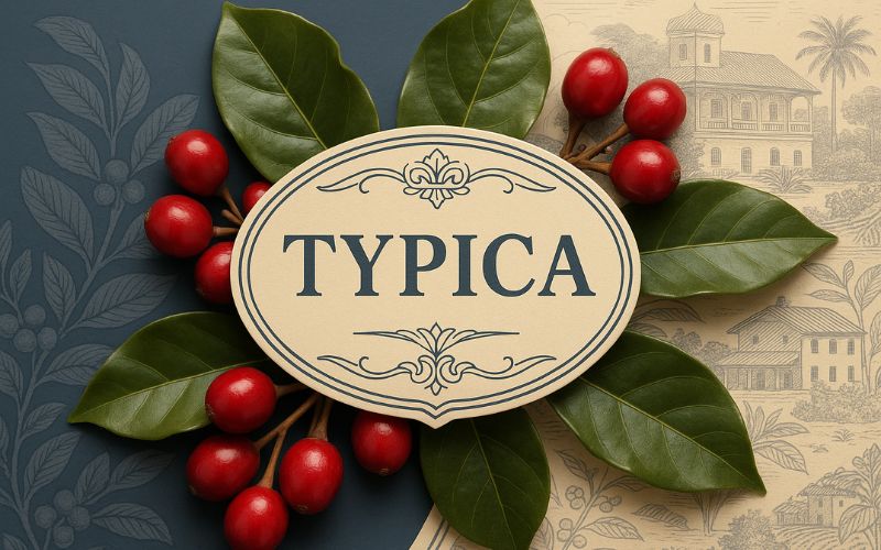 A close-up of ripe Typica coffee cherries on a branch, showcasing their vibrant red color.